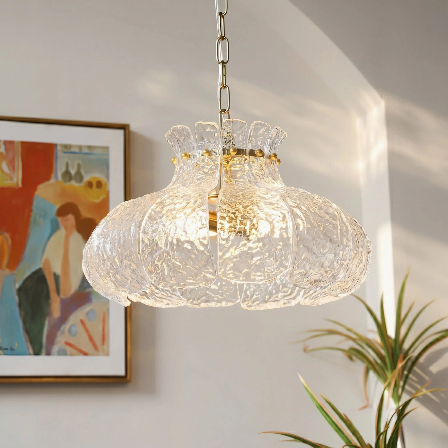 Barlas pendant chandelier close-up view highlighting molten-like ribbed glass surface and industrial hardware