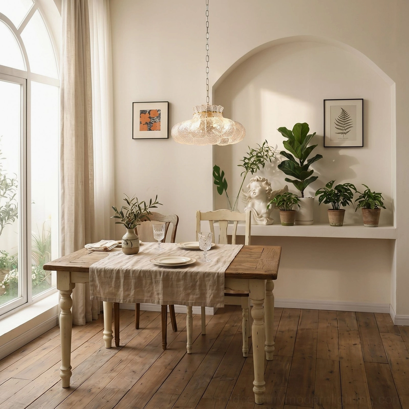 Barlas ribbed pendant fixture in bright sunlit dining area with built-in plant shelf and framed wall art