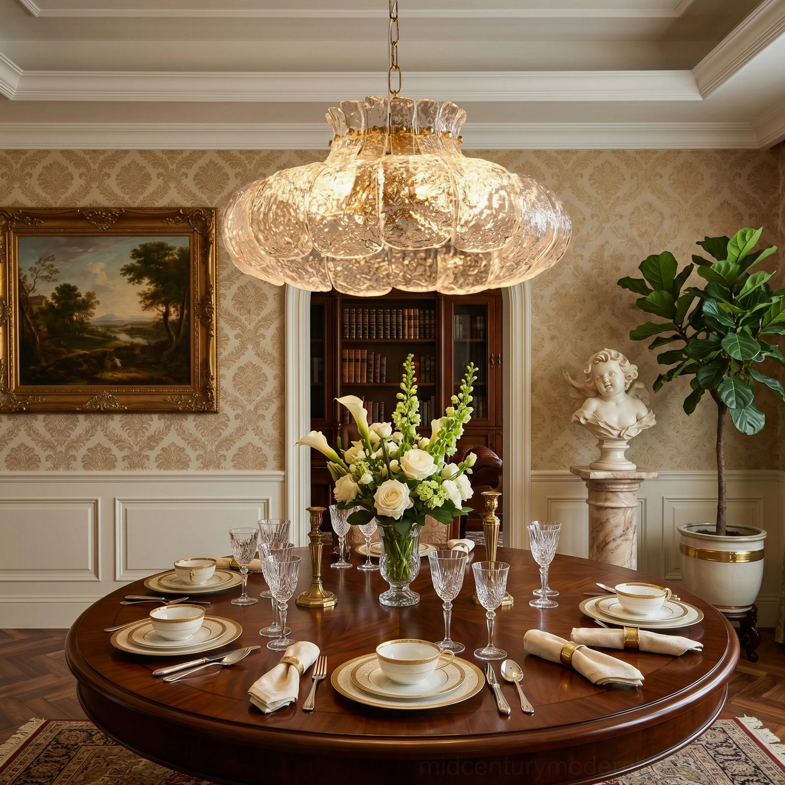 Barlas scalloped glass pendant light in neoclassical dining room with white wainscoting, potted foliage, and landscape art