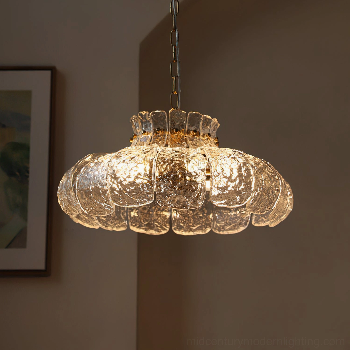 Barlas ribbed pendant light suspended in spacious dining room with architectural ceiling and modern decor