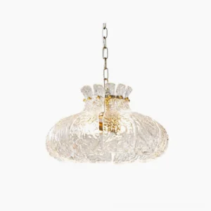Barlas ribbed glass pendant light with scalloped pumpkin silhouette, studio overhead view showing textured glass detail and gold metalwork