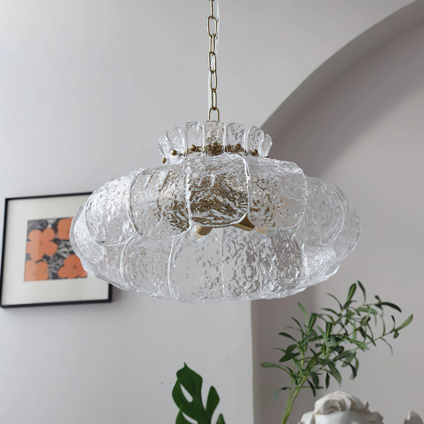 Barlas scalloped pendant light showing pumpkin silhouette form and geometric glass ribbing pattern