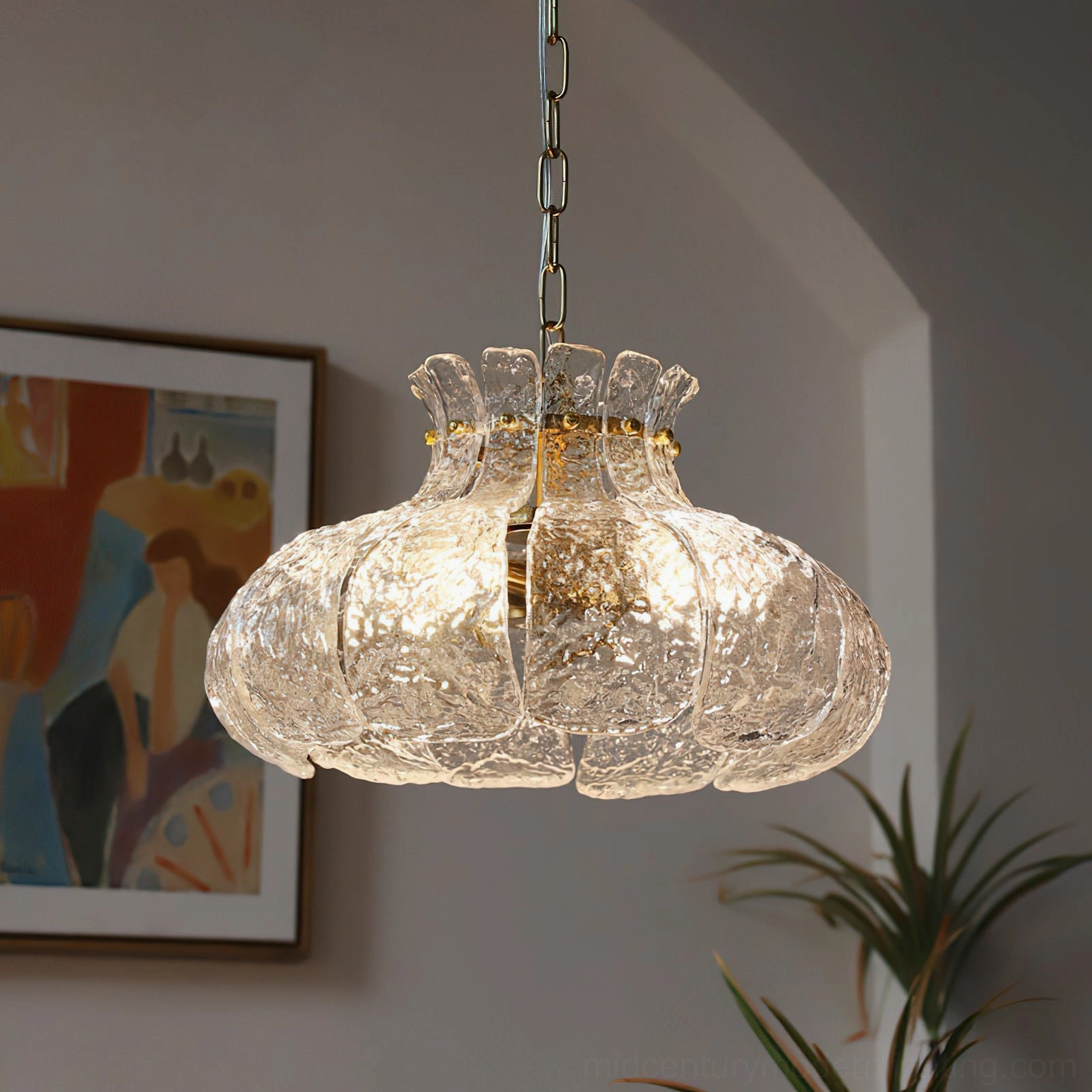 Barlas ribbed glass pendant light small size variant, studio lighting showing complete fixture profile