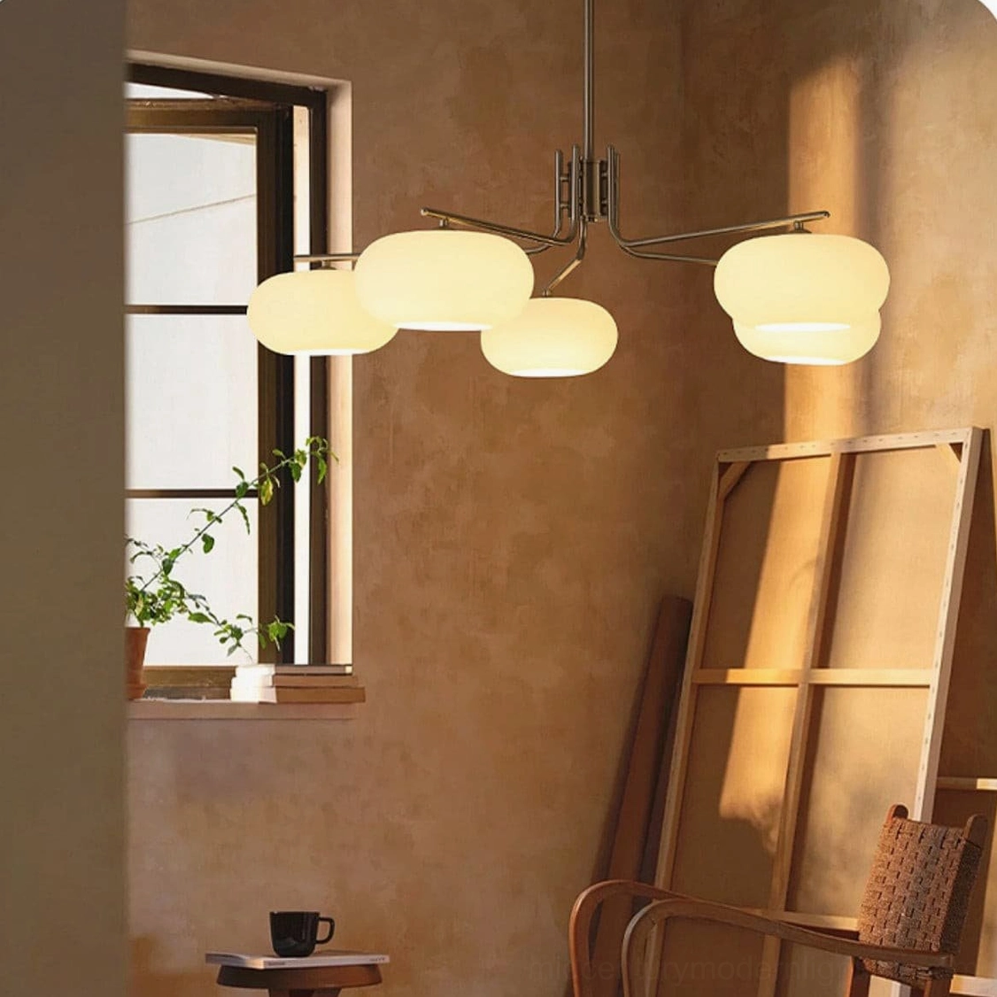 Barndon chandelier with LED and Edison bulb compatibility, showing warm color temperature lighting options