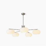 Barndon mid-century modern chandelier with frosted glass shades and silver metal frame, studio front view on white background
