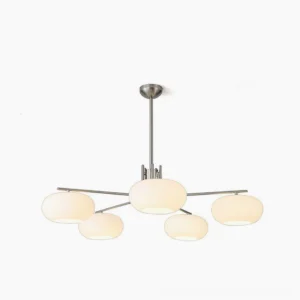 Barndon mid-century modern chandelier with frosted glass shades and silver metal frame, studio front view on white background