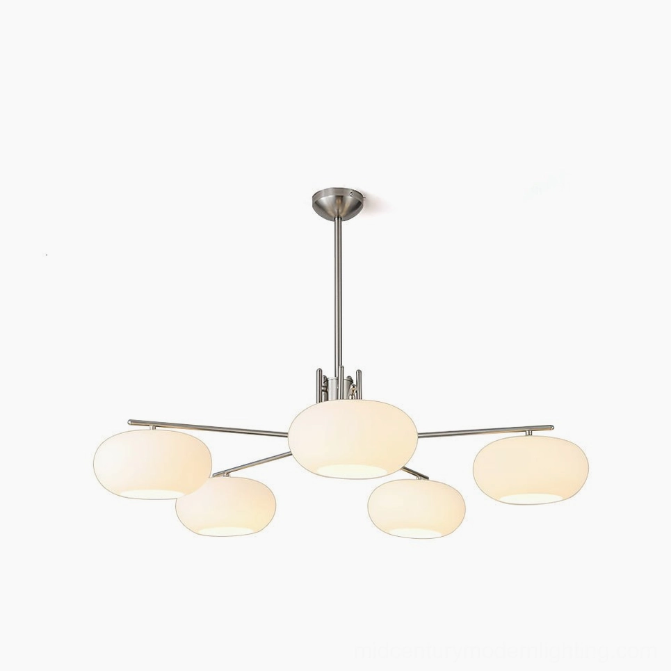 Barndon mid-century modern chandelier with frosted glass shades and silver metal frame, studio front view on white background