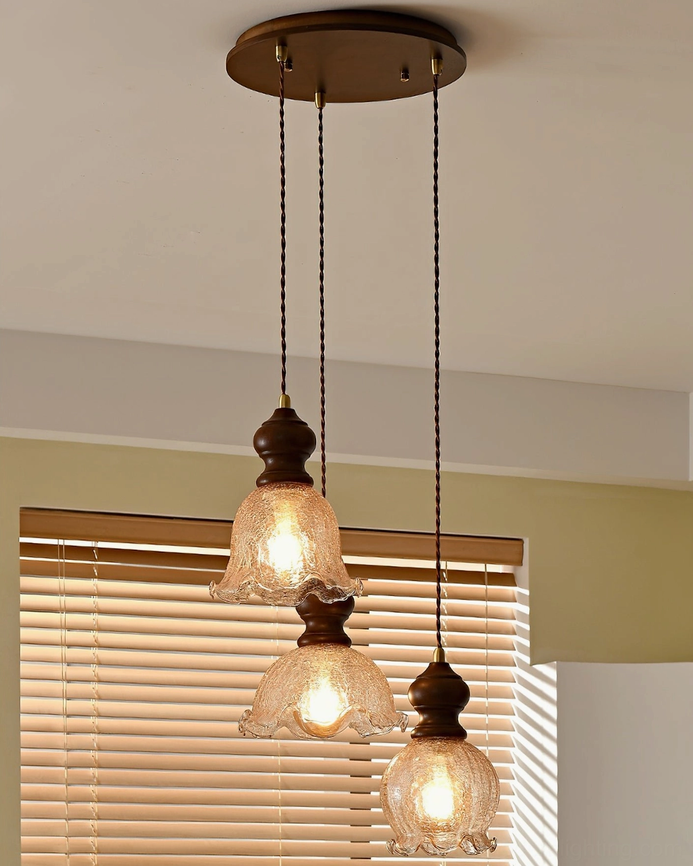 Barron pendant light with textured glass shade and warm wood, close-up product shot