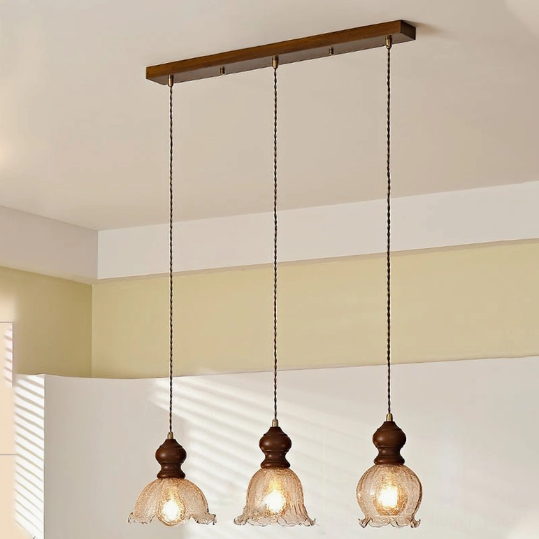 Three Barron pendant lights on long canopy, 27.6 inches length, extended dining table installation