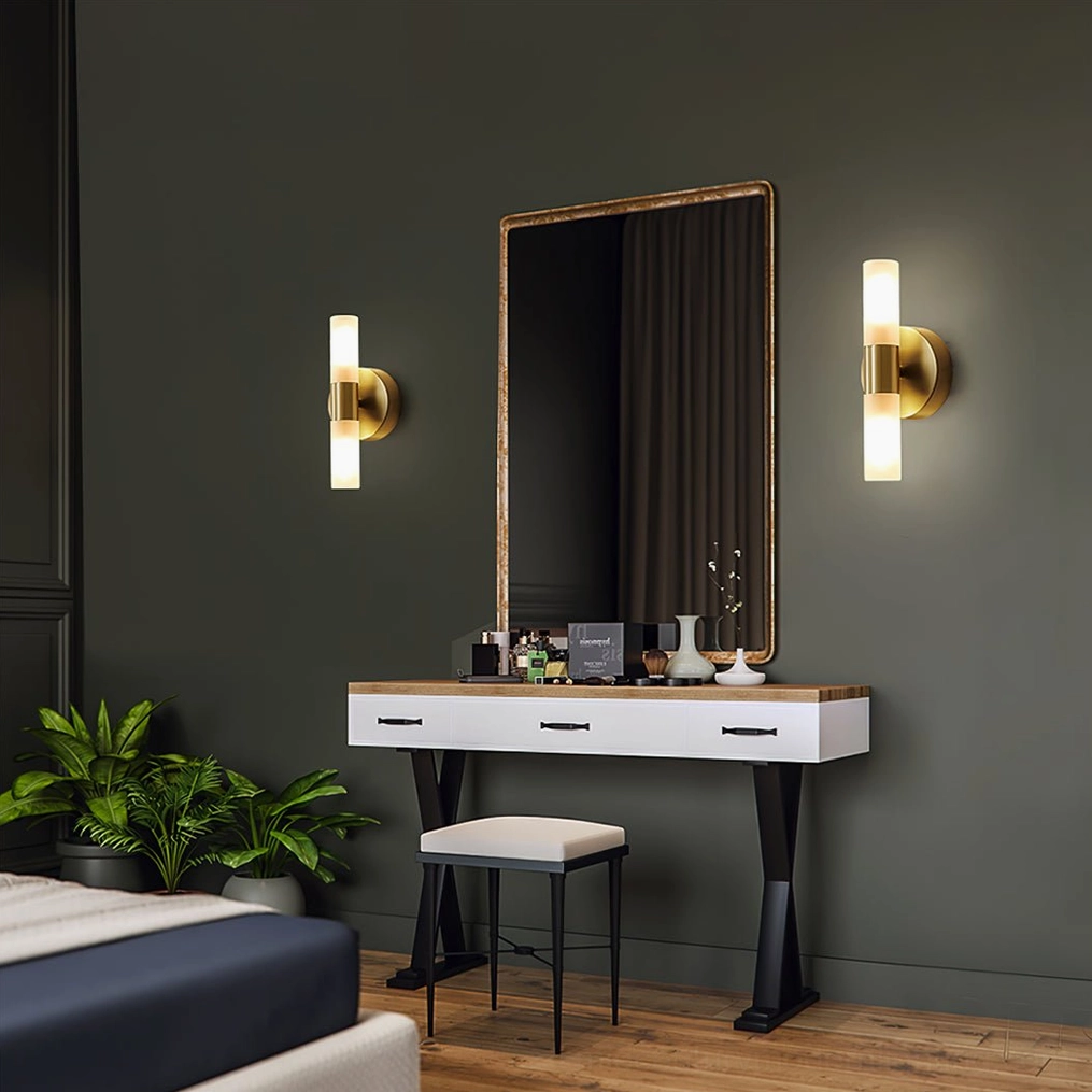 Barton wall sconce architectural detail, brass hardware and cylindrical geometry