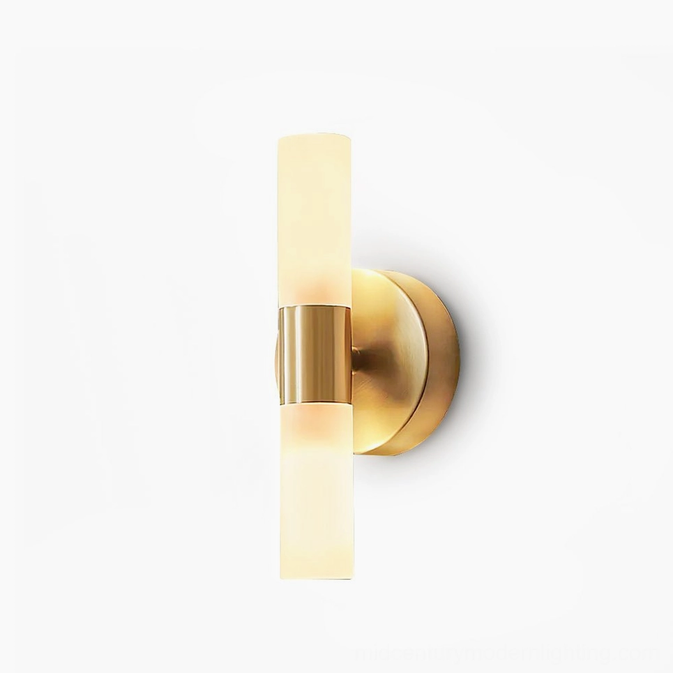 Barton dual-cylinder wall sconce with polished brass backplate and frosted glass, front view on white background