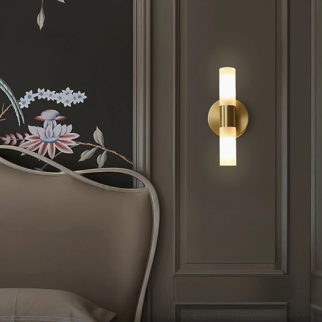 Barton dual-cylinder wall sconce, glass shade detail, frosted texture close-up