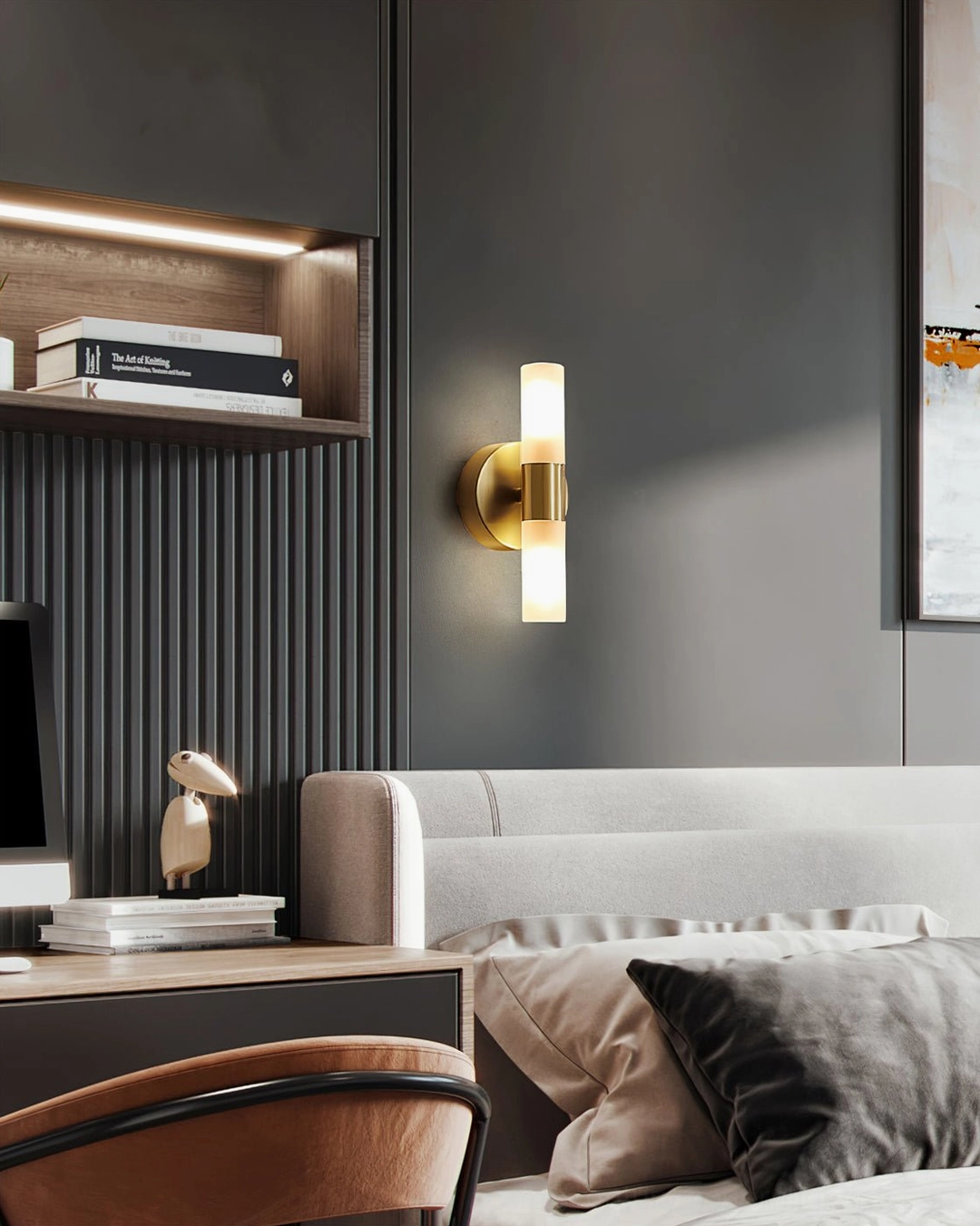 Barton wall sconce in home study and relaxation nook, warm brass lighting accent