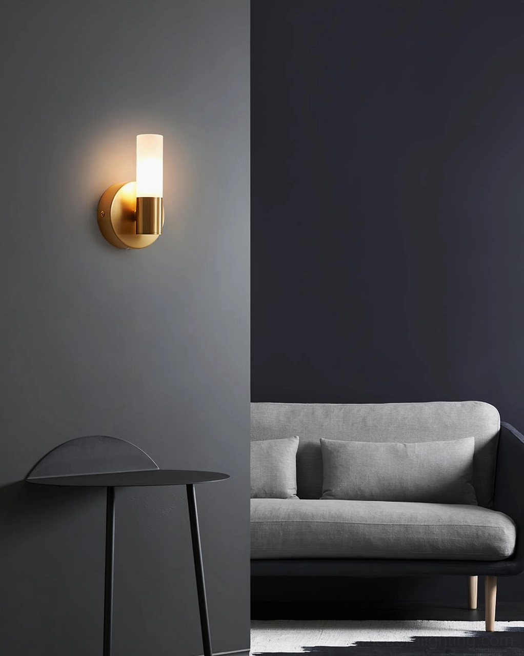 Barton wall sconce side view, split-tone wall lounge, modern minimalist luxury