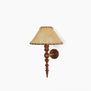 Basica solid wood wall lamp with tawny fabric shade and dark wood frame, frontal flat view against white wall