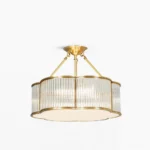 Basil quatrefoil brass chandelier with ribbed clear glass shade and frosted diffuser, studio product shot on white background