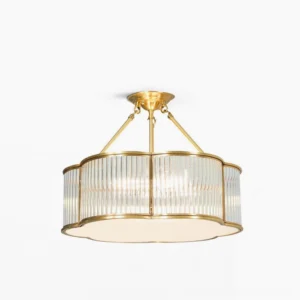 Basil quatrefoil brass chandelier with ribbed clear glass shade and frosted diffuser, studio product shot on white background