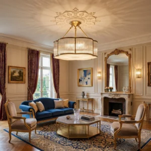 Polished brass quatrefoil chandelier suspended in traditional living room with blue sofa and neoclassical decor