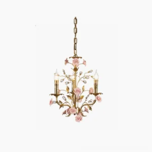 Bassano brass and pink ceramic rose chandelier overhead studio view, floral tole metalwork with delicate porcelain roses