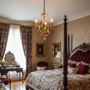 Bassano chandelier installed in luxury Victorian bedroom, romantic brass floral pendant above bedside table