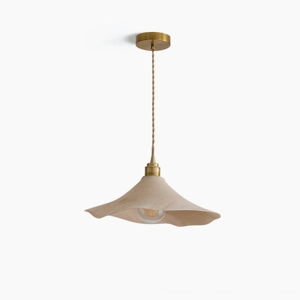 Baxter organic wave pendant light with wavy light beige shade and brass metal fixtures shown from overhead front view in studio lighting