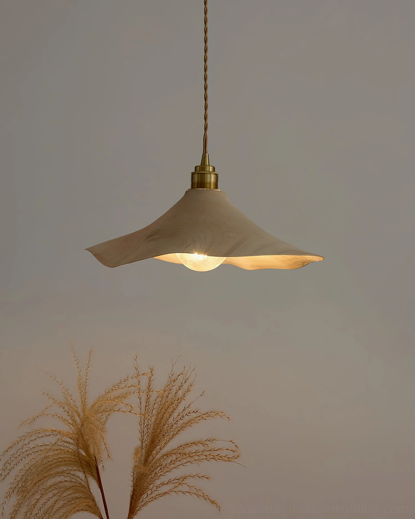 Baxter organic wave pendant light close-up side view with dried pampas grass foreground and soft warm ambient lighting