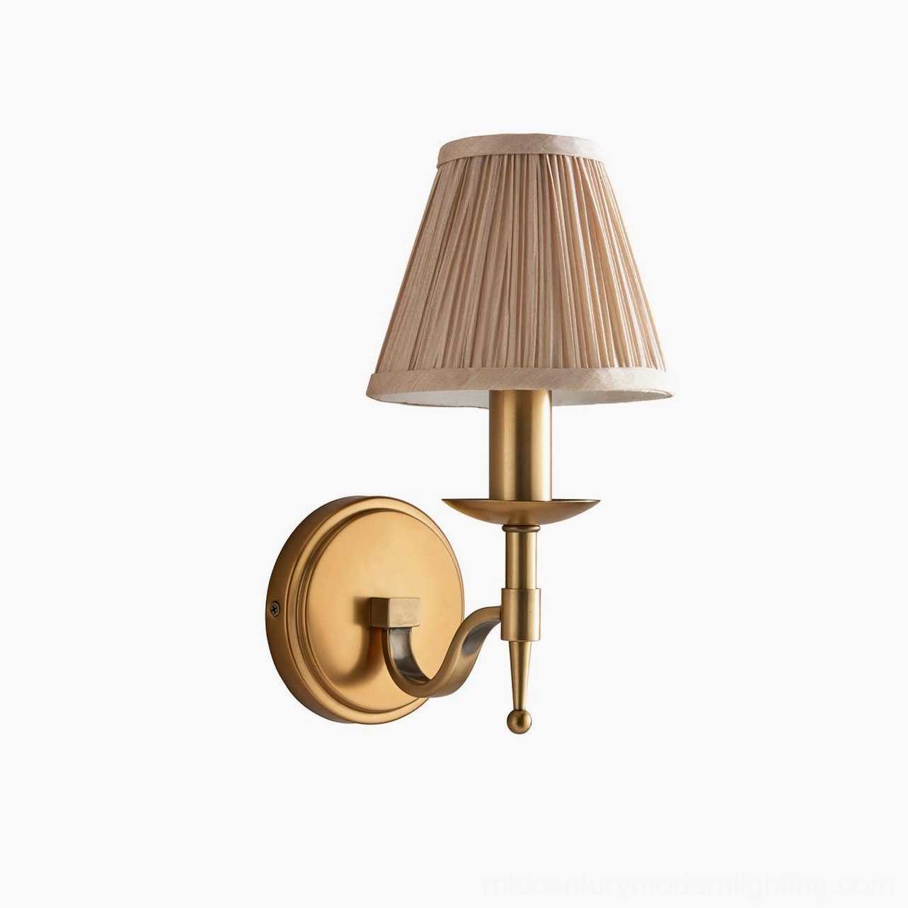 Baylor vintage-inspired brass wall sconce with pleated shade mounted as hallway anchor light
