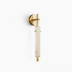 Beacon vertical brass wall sconce with ribbed glass column and integrated LED, front view on white background