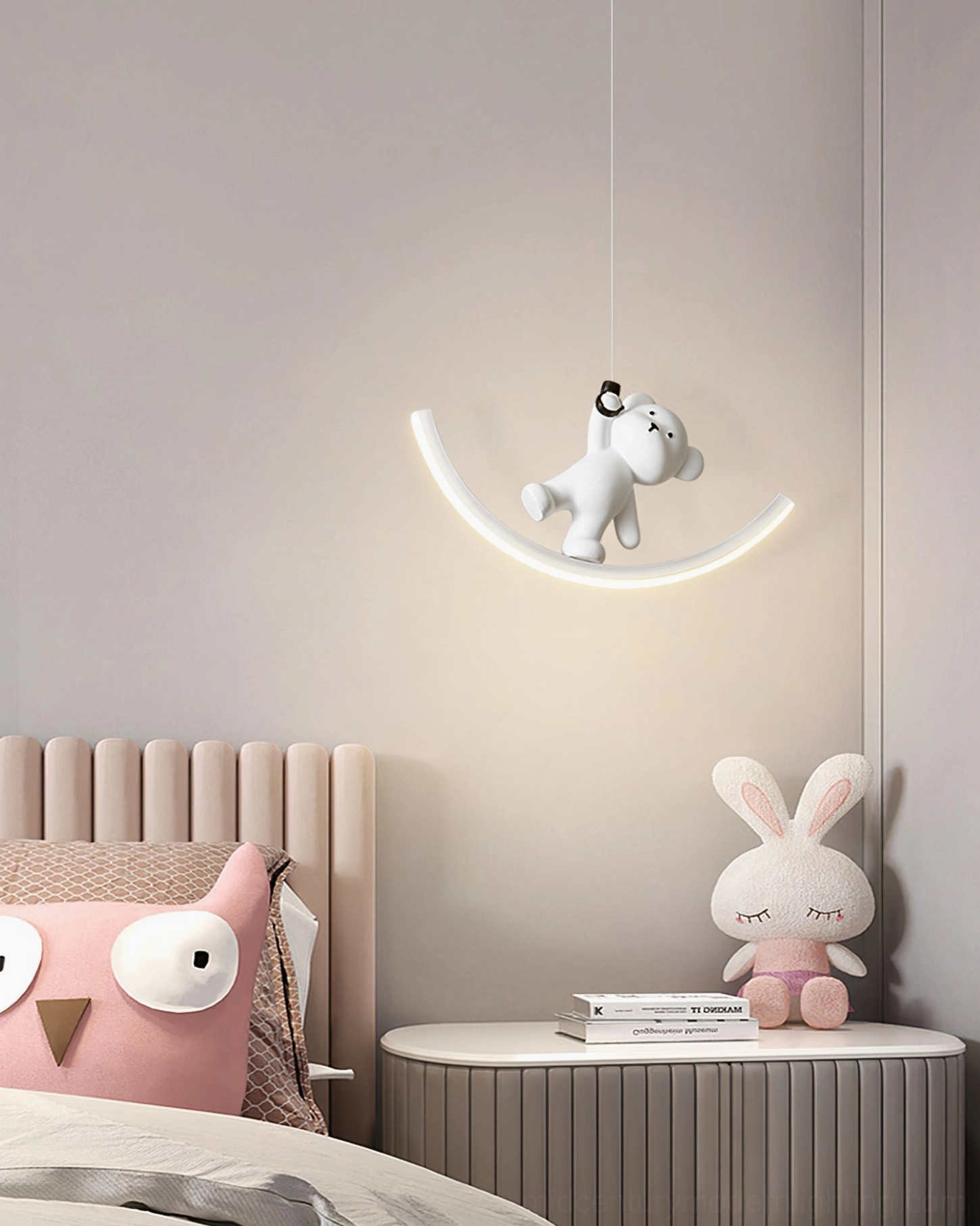 Warm white bear pendant lamp in girl's bedroom - cozy lighting with pink plush decor