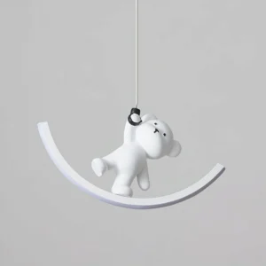 Bear pendant lamp three-quarter angle showing metal hanging hardware and suspension wire