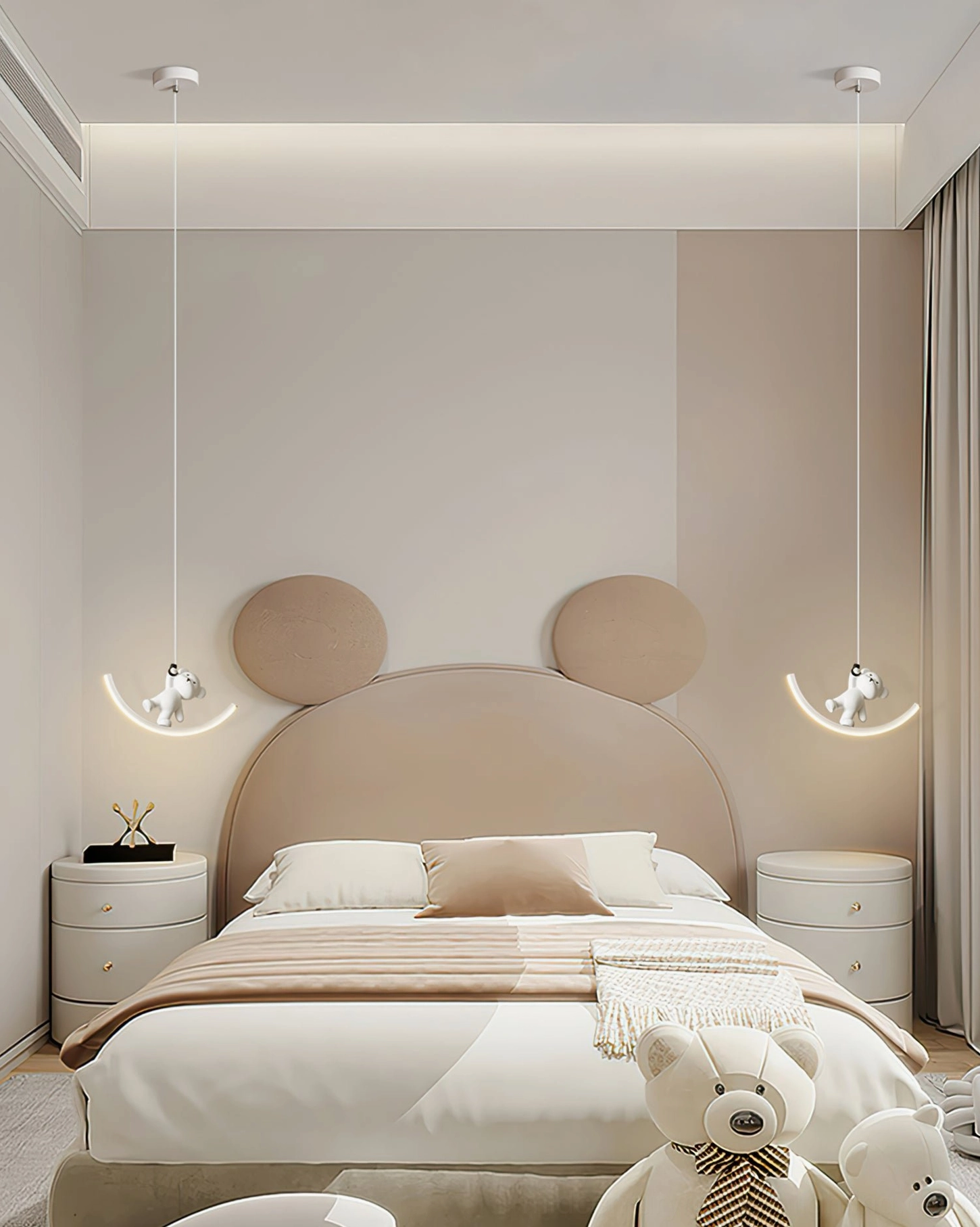 Multiple bear pendant lights in modern bedroom with decorative headboard and plush toys