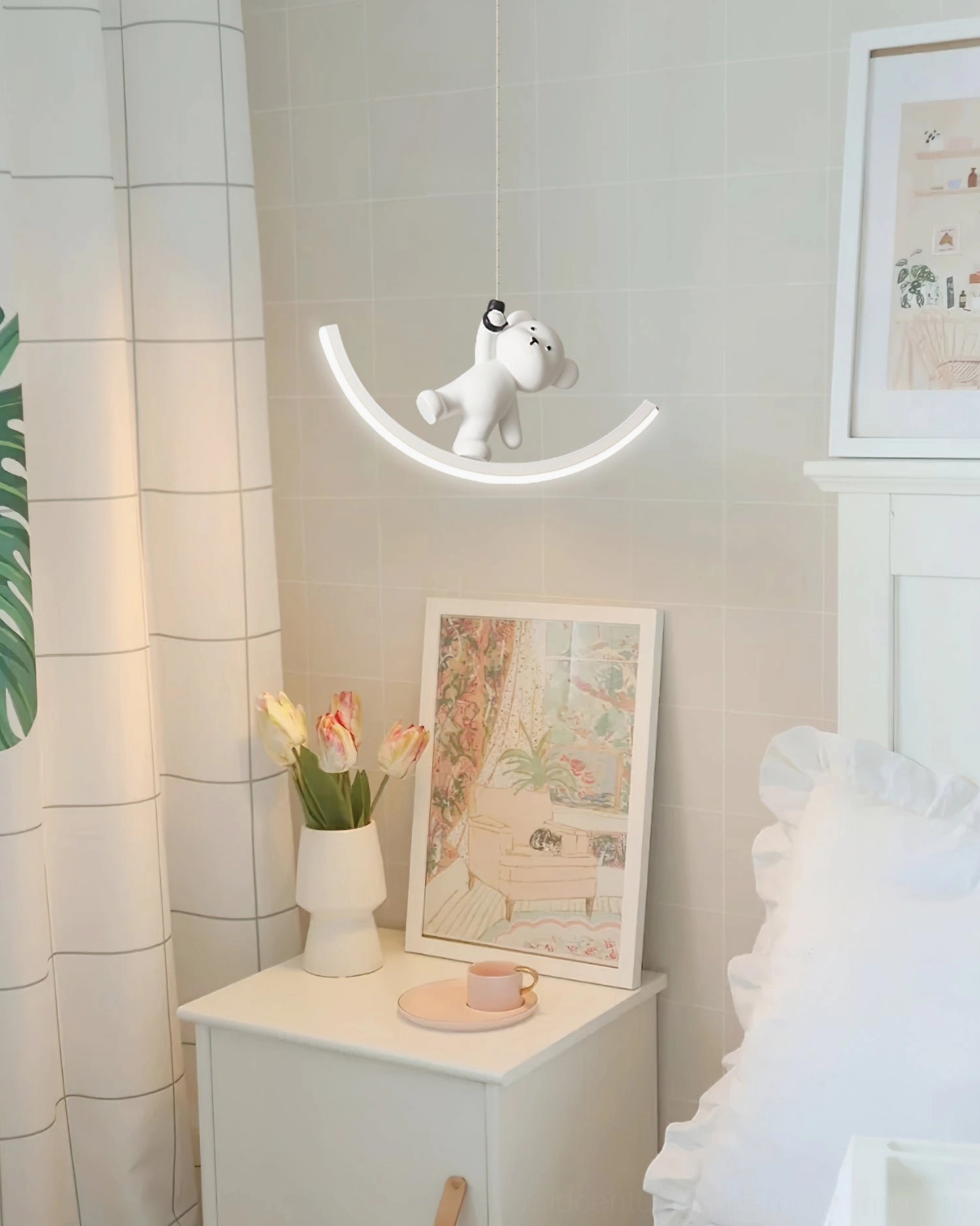 Bear resin pendant lamp in bedroom with tiled wall - decorative interior styling