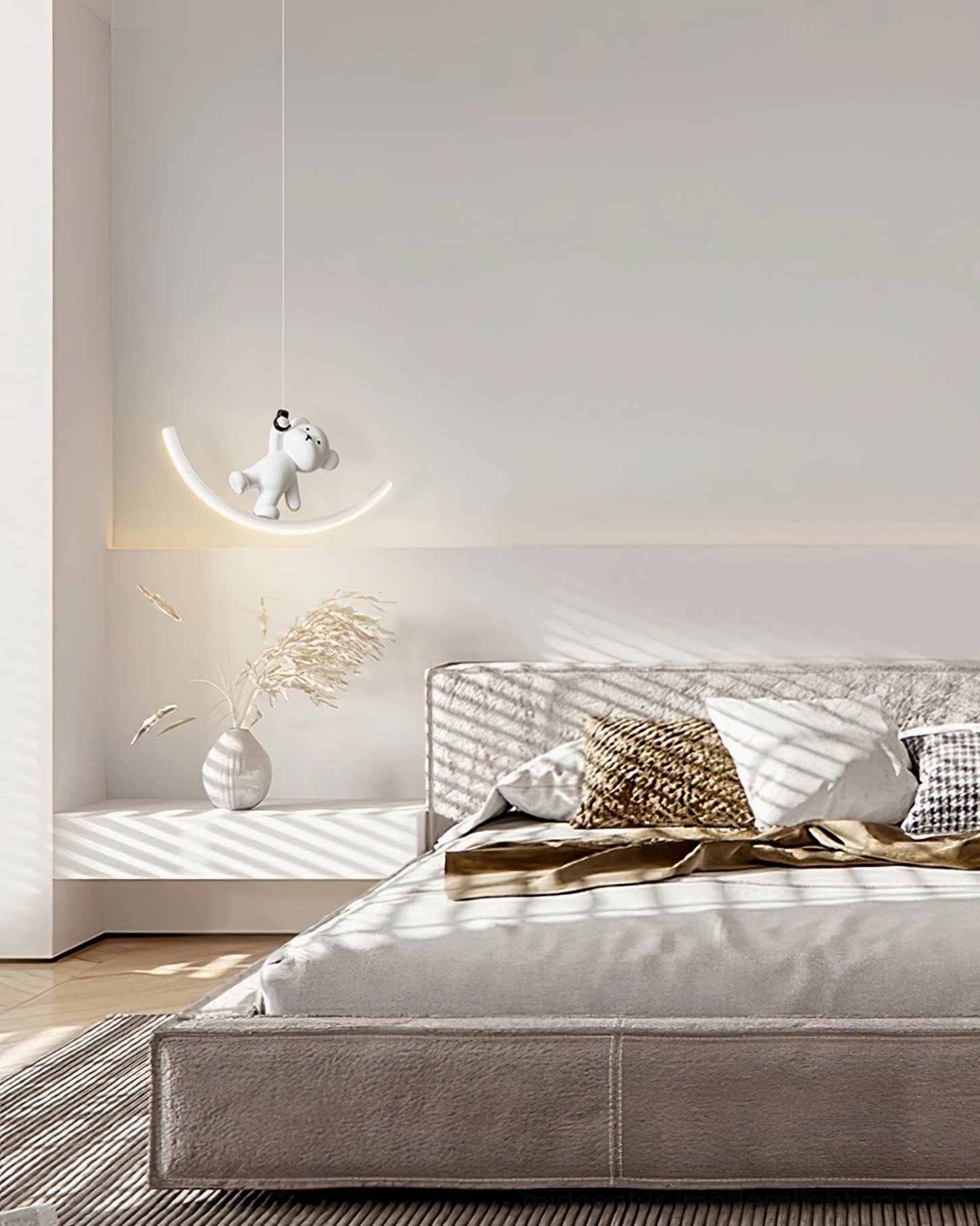 Bear resin pendant light in minimalist bedroom - contemporary neutral tone interior design