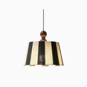 Beatrice striped drum pendant light with vertical black and white fabric stripe pattern, wooden ceiling cap, front view on white background