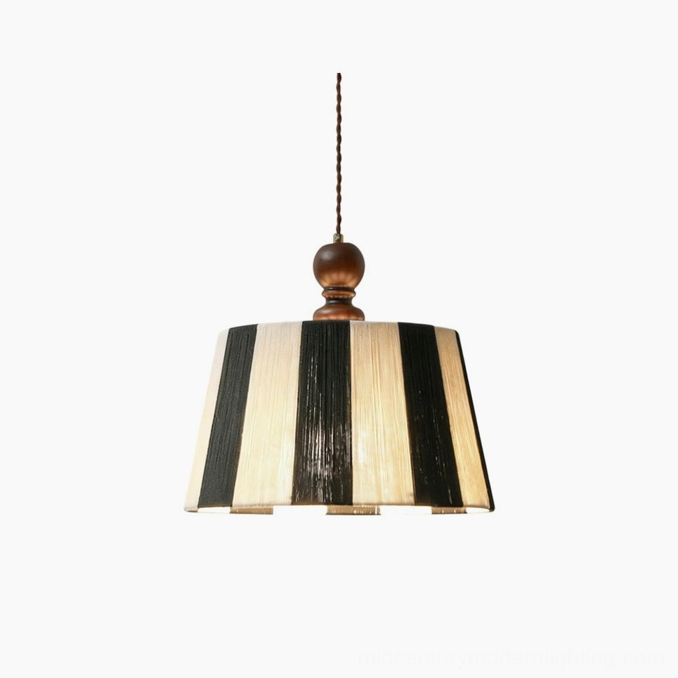 Beatrice striped drum pendant light with vertical black and white fabric stripe pattern, wooden ceiling cap, front view on white background
