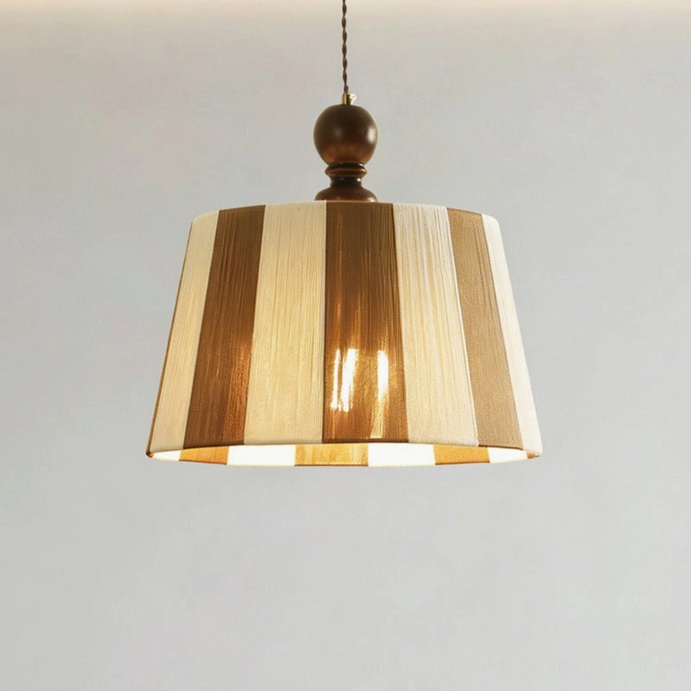 Beatrice pendant light with neutral brown and white vertical stripes, exposed bulb, overhead view on white background