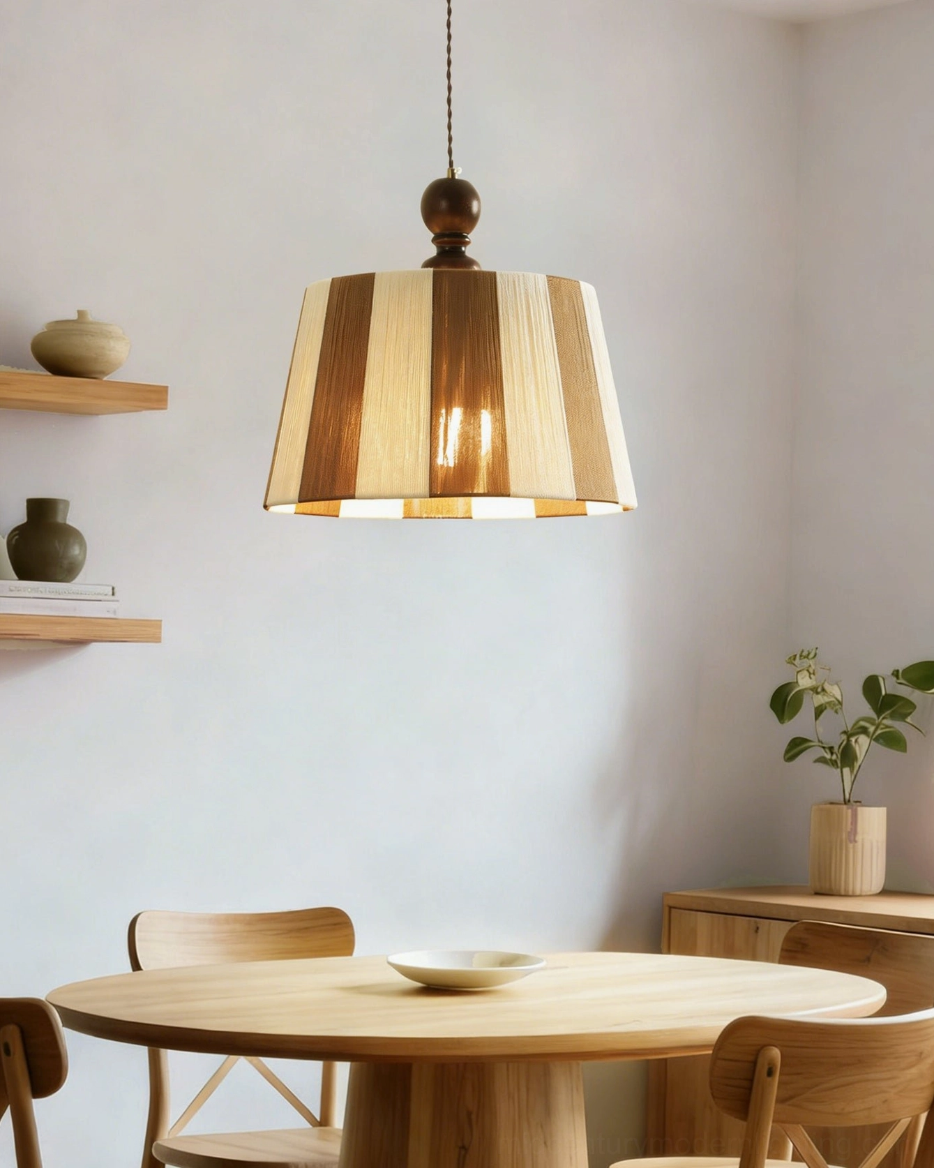 Beatrice warm-tone striped pendant light in Nordic dining room setting with wall-mounted shelves and minimalist decor