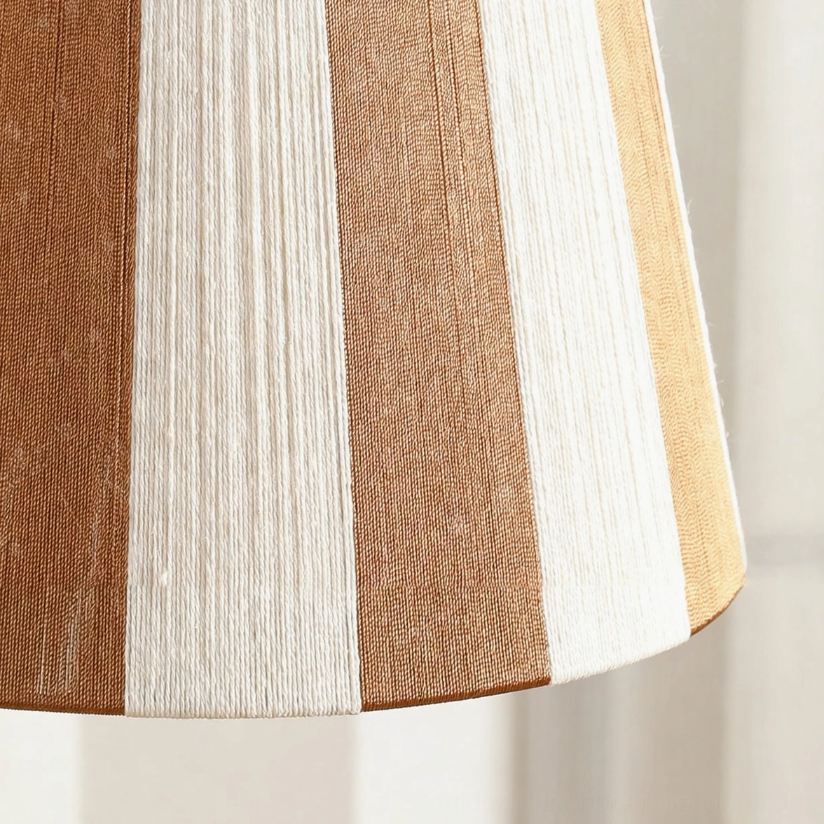 Beatrice lamp shade close-up flat view showing vertical stripe fabric pattern with warm brown and white hues and texture