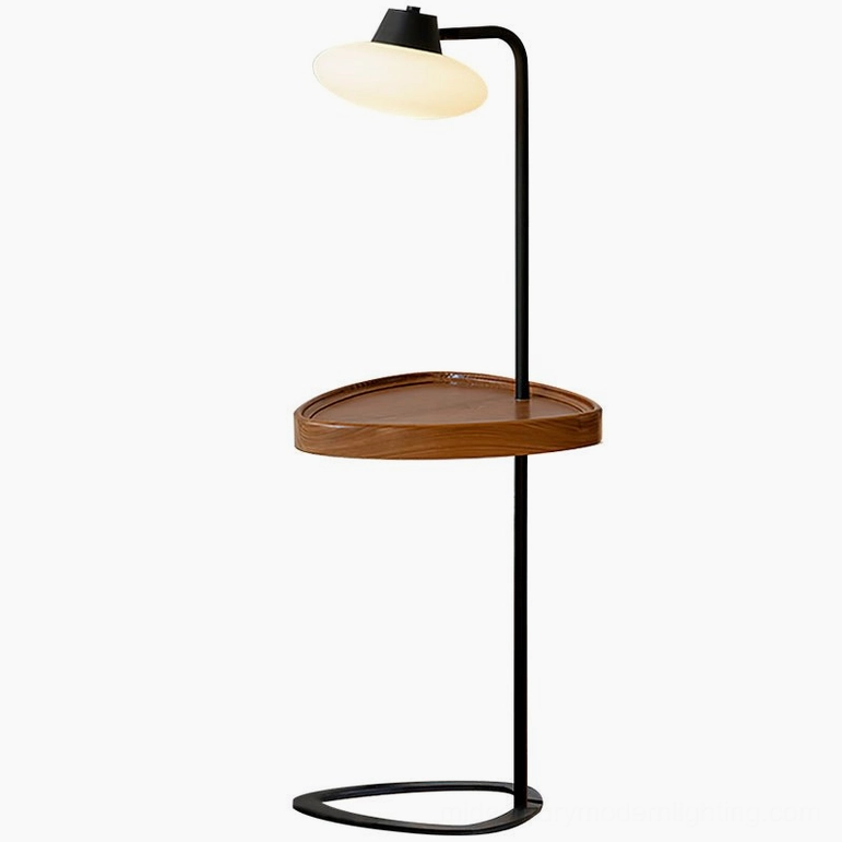 Beatrix floor lamp walnut color and black finish, integrated wooden side tray, modern minimalist lighting fixture