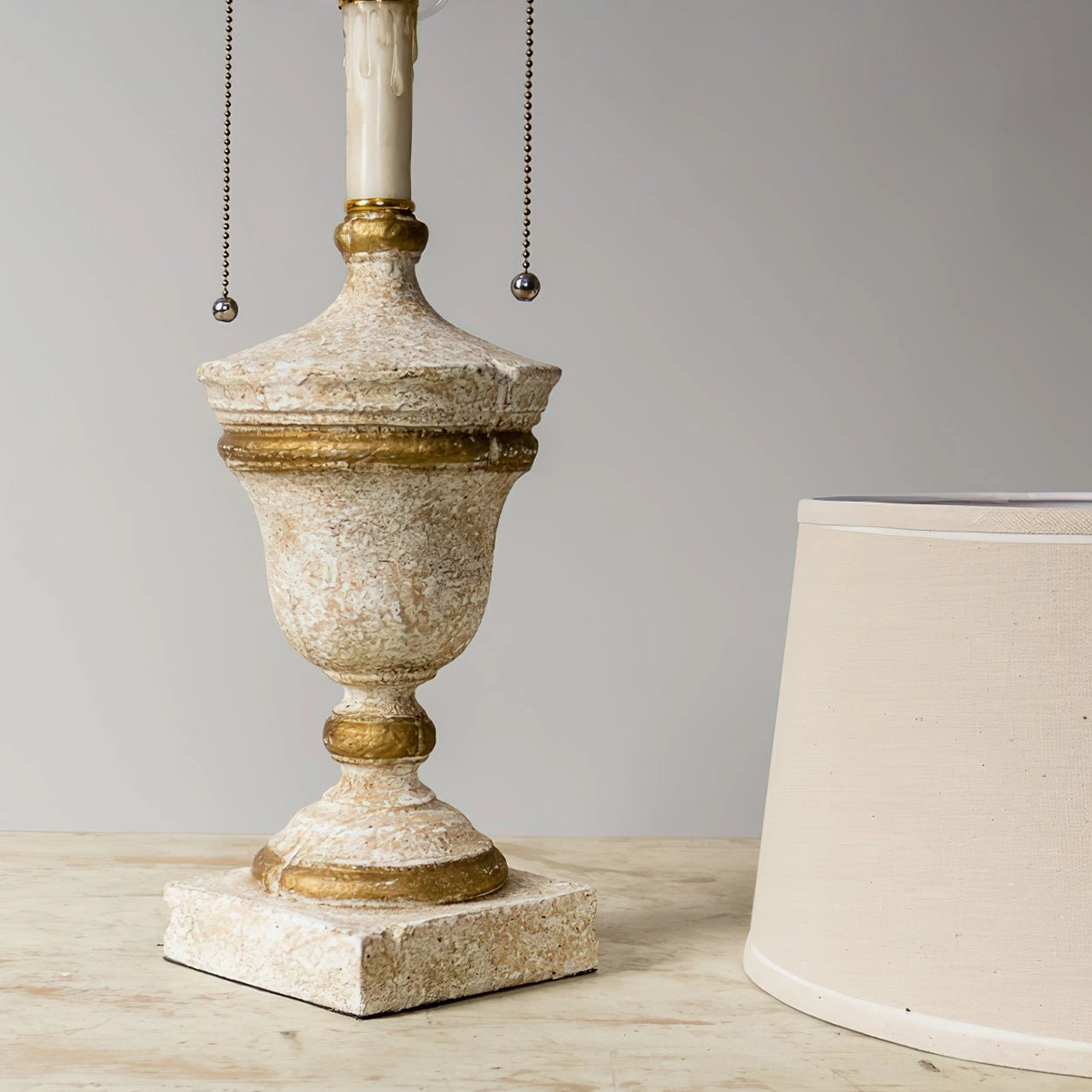 Beatrix table lamp with removable linen shade displayed separately showing construction and fabric quality