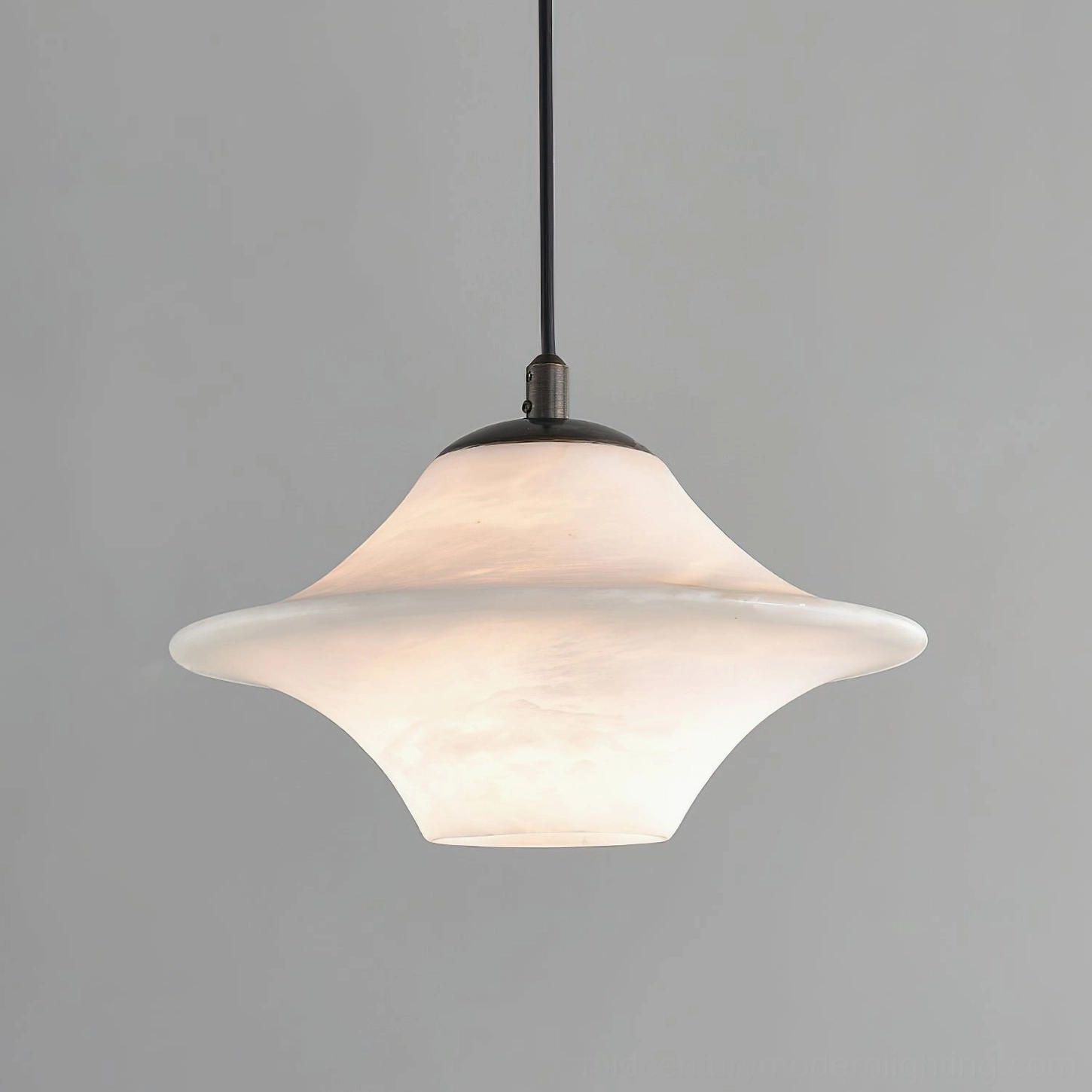 Beckett alabaster pendant light side profile view - flared sculptural shade shape in off-white natural stone