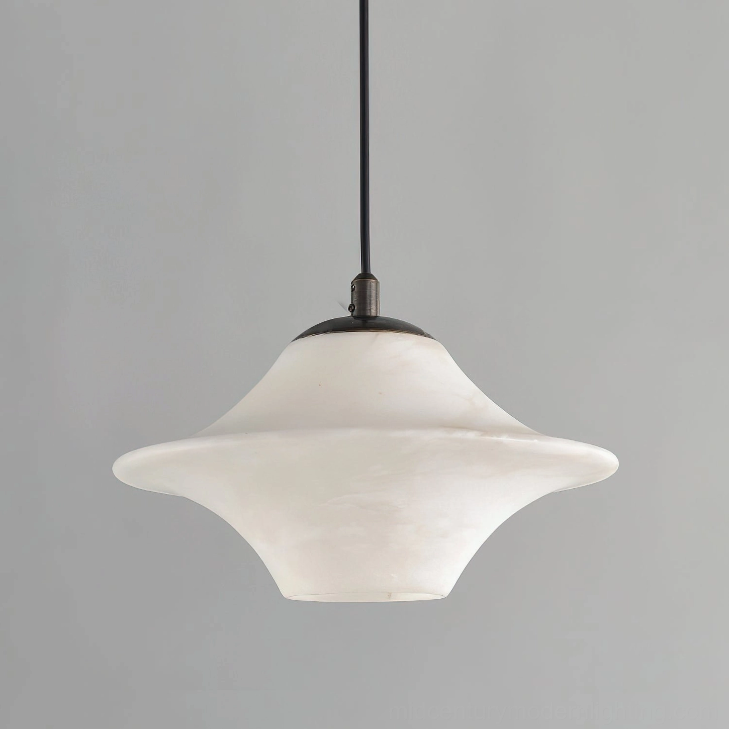 Beckett alabaster pendant light right side profile - compact flared shape pure white alabaster stone finish