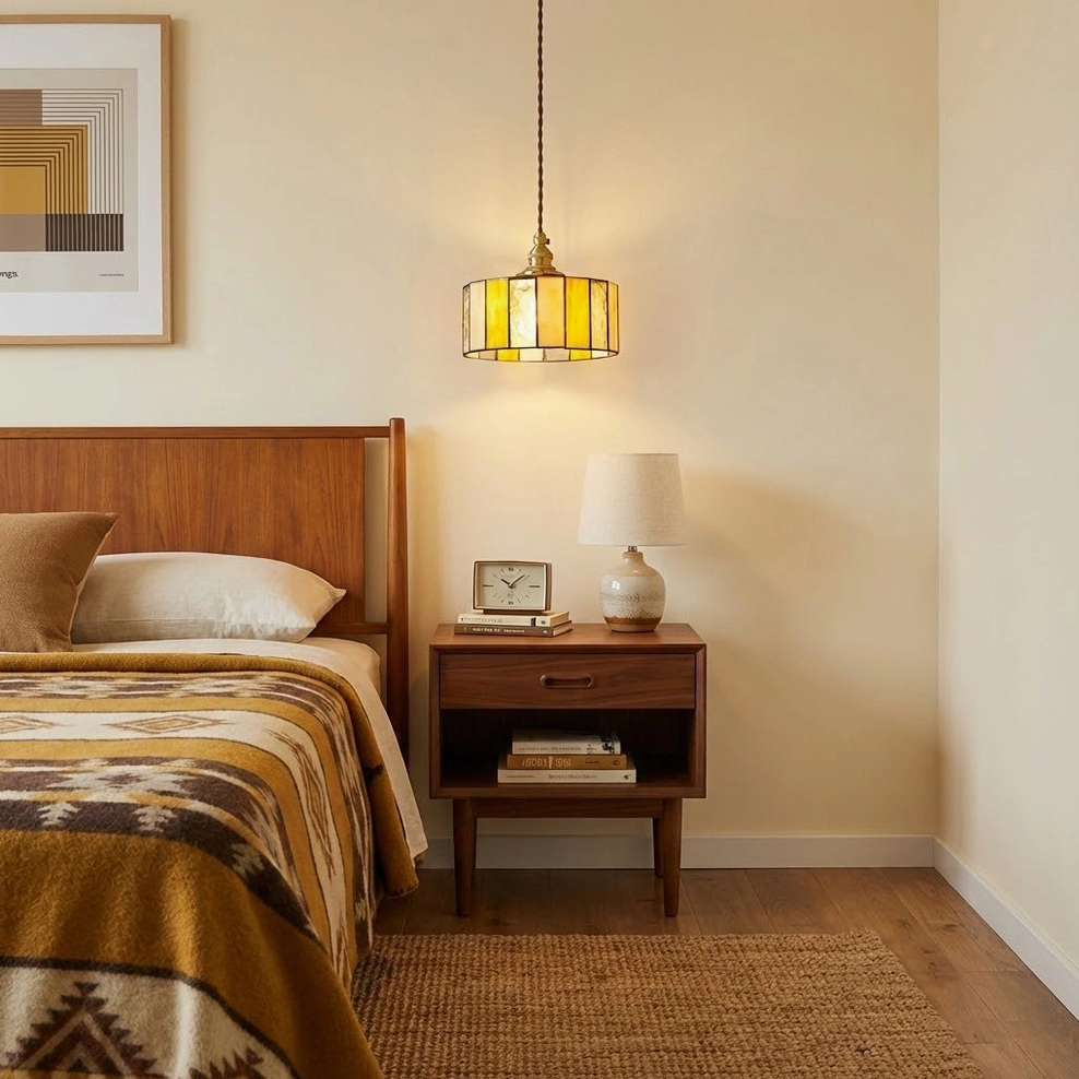 Amber stained glass drum pendant lamp with bronze fixture mounted above wooden bed frame, eye-level bedroom wall view