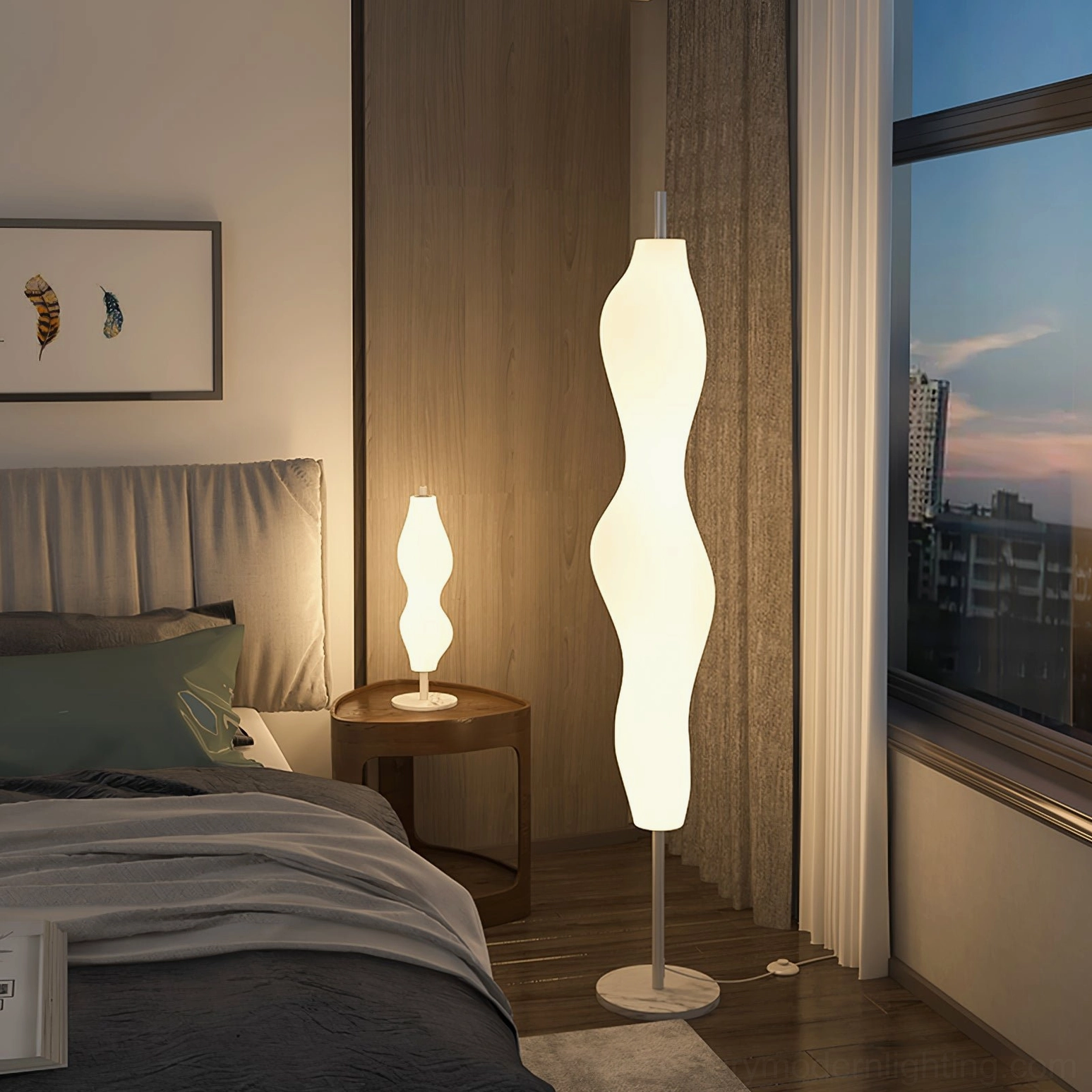 Modern bedroom floor lamp beside bed and nightstand with relaxing ambient glow