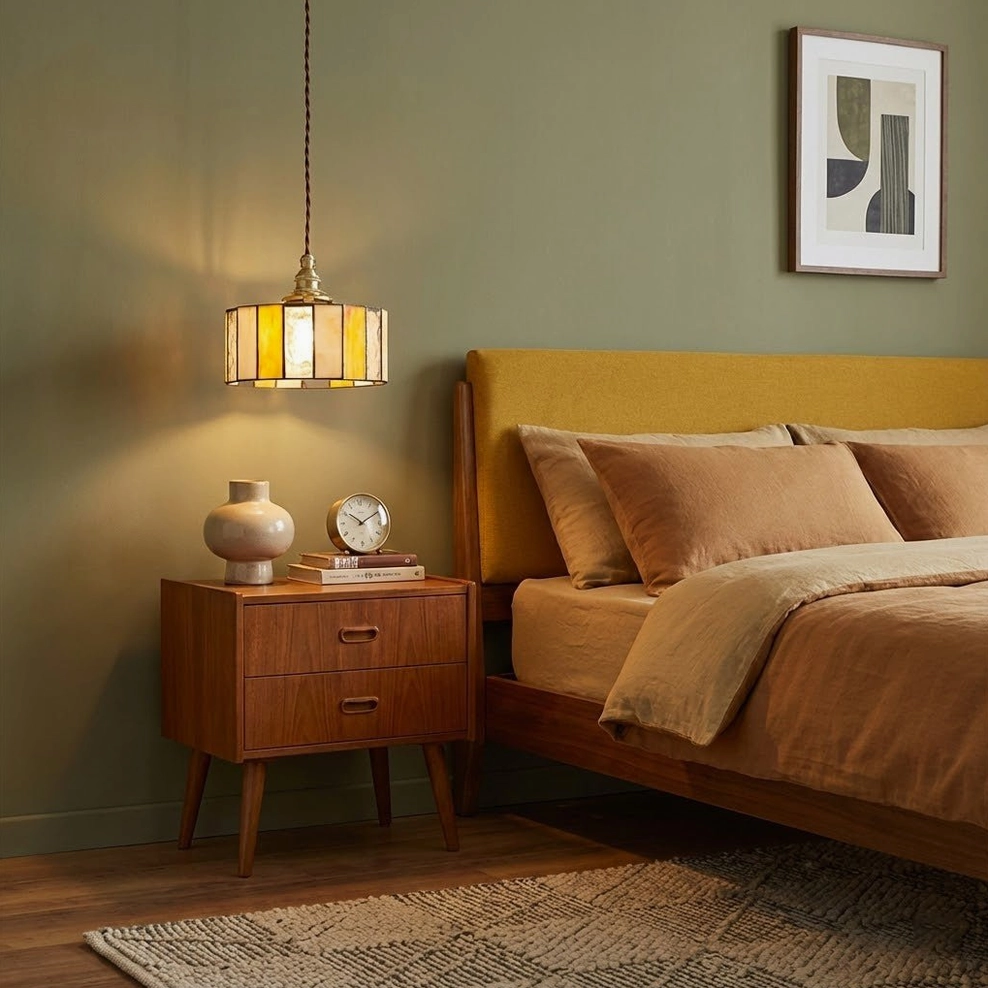 Amber stained glass drum pendant fixture in bedroom with mustard yellow headboard, earthy color palette with warm bedside lighting