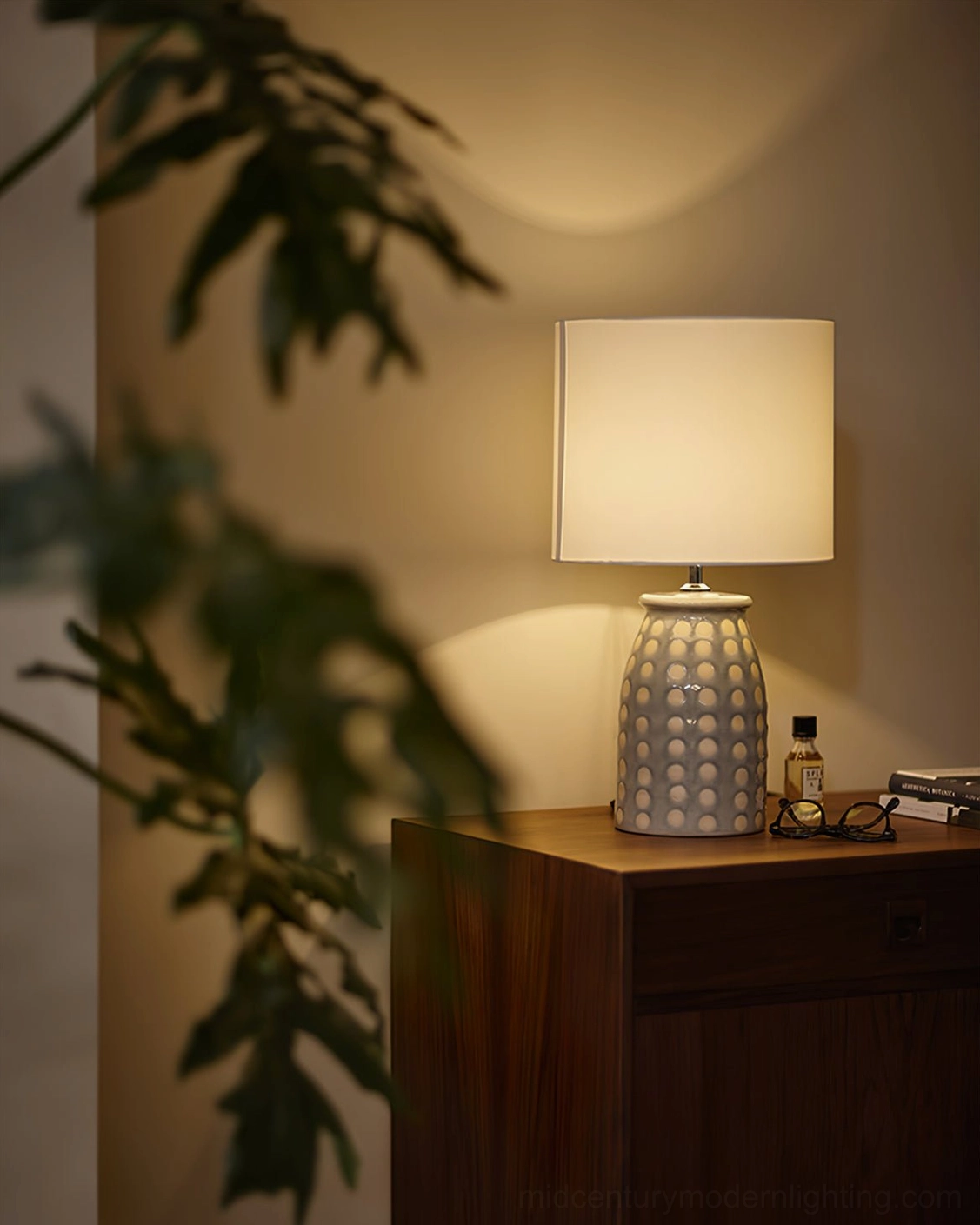 Lit ceramic patterned table lamp on wooden bedside table with green potted plants and reading glasses, bedroom accent lighting