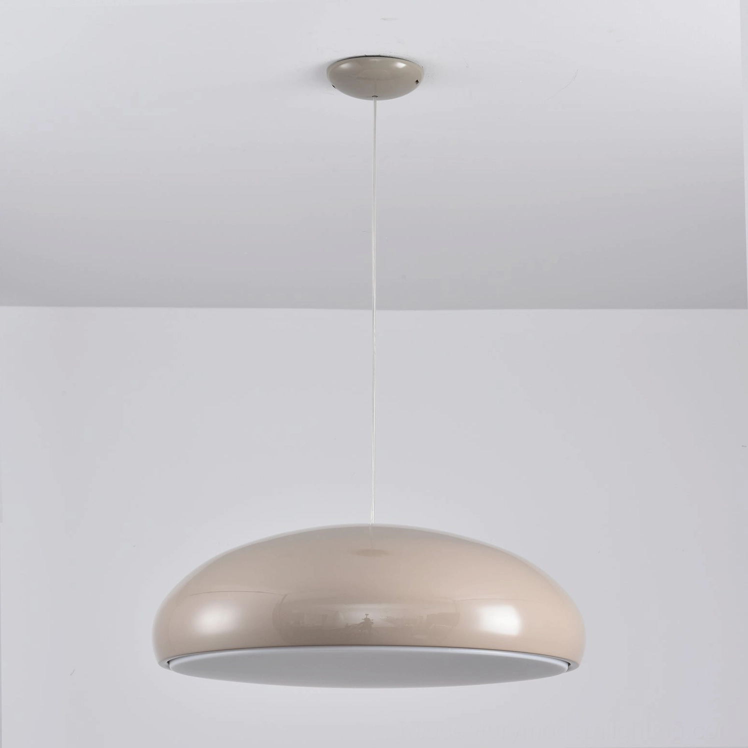 Taupe beige dome pendant light front hanging shot neutral mid-century modern decor