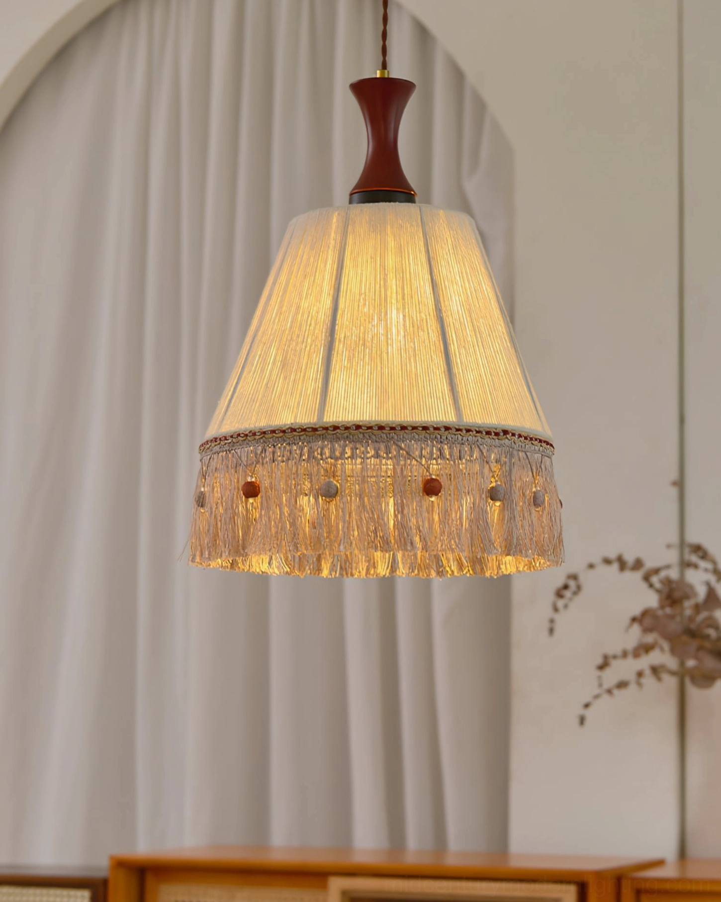 Beige fringe tassel ceiling pendant lamp artistic design minimalist modern aesthetic