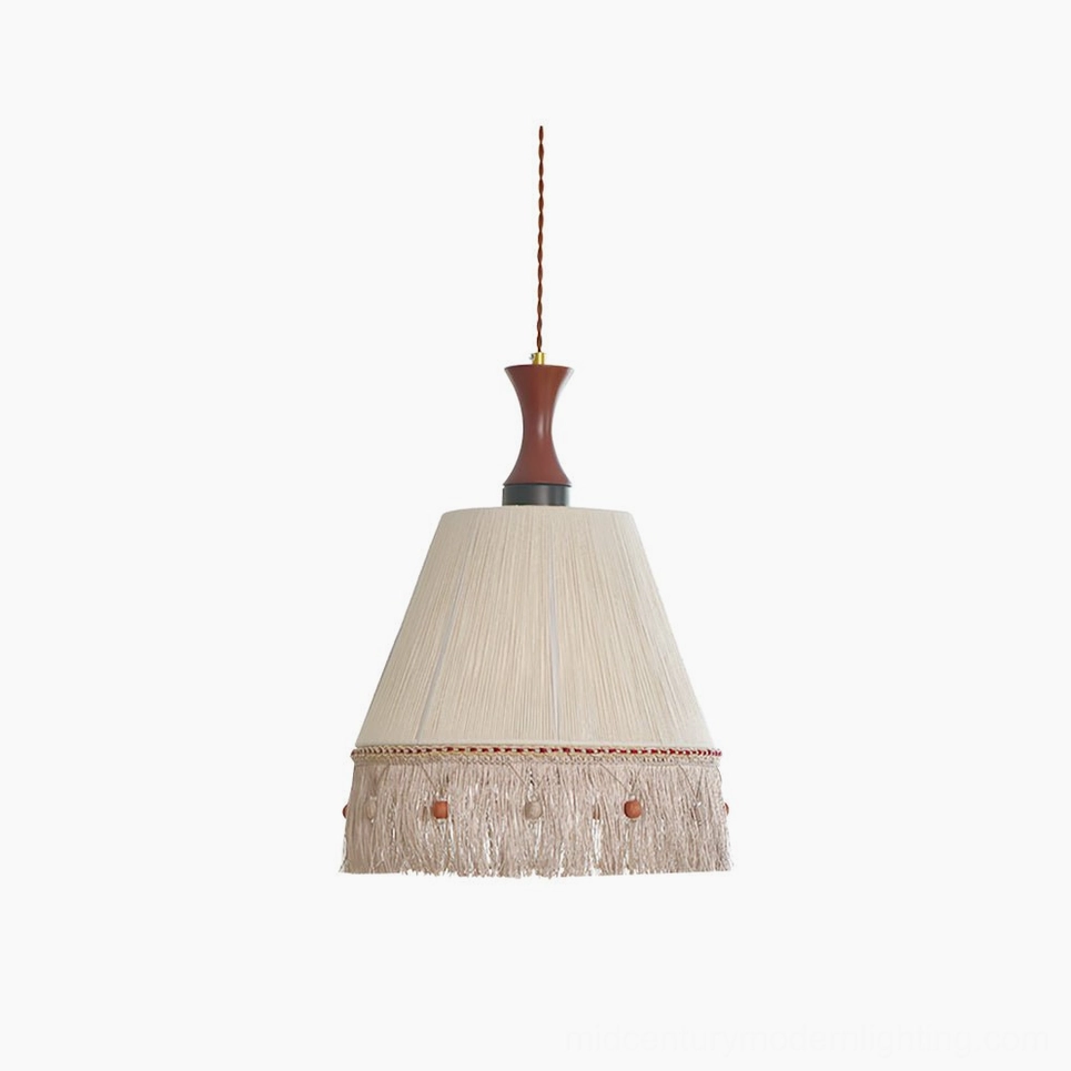 Beige fringe tassel pendant lamp with woven cotton shade and decorative bead trim on white background