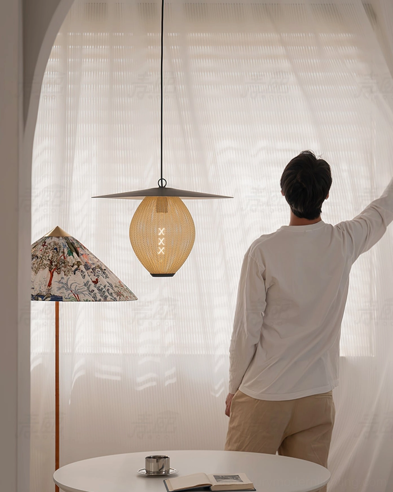 Beige Satellite pendant light in arched window dining nook with wabi-sabi home style